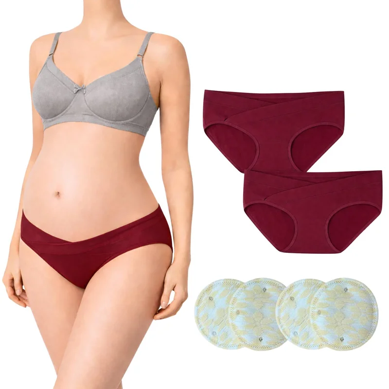 تامي مجموعة TUMMY للأمومة | 2 سراويل حمل منخفضة الخصر من قطن البامبو، 1 حمالة صدر رضاعة غير مبطنة، و4 قطع وسادات رضاعة قابلة لإعادة الاستخدام | مستلزمات ناعمة وقابلة للتهوية لفترة ما بعد الولادة والرضاعة الطبيعية للأمهات الجدد